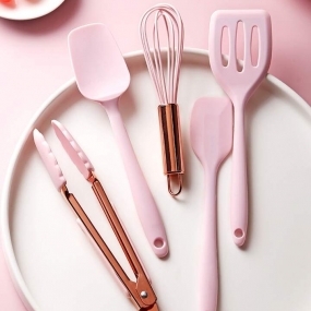Conjunto de Utensílios de Cozinha em Silicone Rosa
